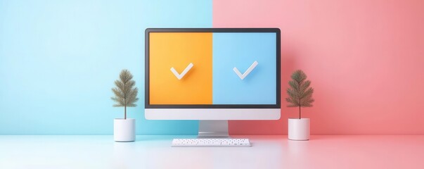 A modern desktop computer displays two checkmarks on colorful backgrounds, symbolizing tasks completed and productivity, with decorative plants enhancing the aesthetic.