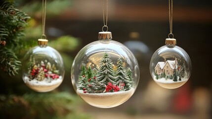 Enchanted Winter Wonderland Ornaments:  These delicate glass baubles capture the magic of winter with miniature snow-covered scenes of cozy cottages, glistening trees, and a dusting of snow.