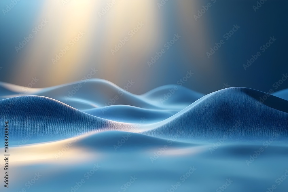 Poster An abstract image capturing soft, undulating waves of blue fabric, with gentle light casting a serene glow, creating a calming and tranquil atmosphere.