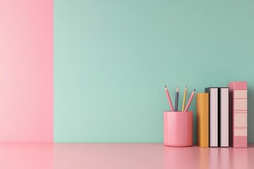 Fototapeta premium A stylish workspace featuring pastel-colored walls, a pink container with pens, and neatly stacked books on a matching table.