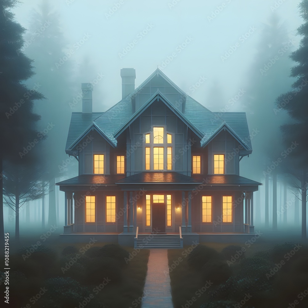 Aufkleber 3d render of a beautiful house in the forest with fog generated by ai