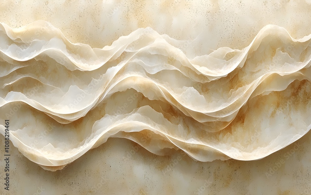 Poster An abstract representation of soft, flowing waves in cream and beige tones, creating a sense of tranquility and warmth with layered textures and gentle curves.