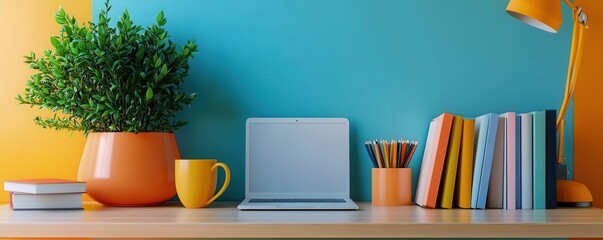 A colorful desk setup featuring a laptop, books, stationery, and a plant, creating a bright and inviting workspace.