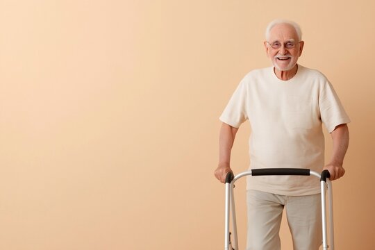 An elderly man using a stair-climbing walker, smiling as he moves forward, isolated on a minimalist beige background.
