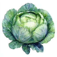 Obraz premium Fresh green cabbage illustration with detailed watercolor texture