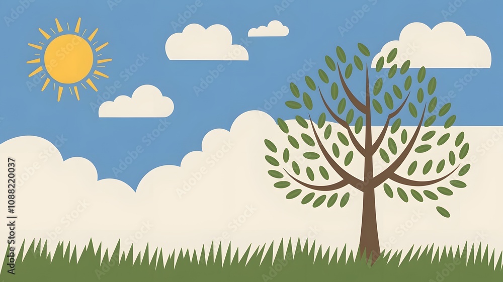 Poster vector illustration of a tree in the meadow with clouds and sun generated by ai