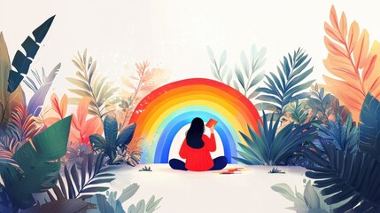 Obraz premium A Serene Scene of a Person Sitting in Nature, Reading a Book Under a Colorful Rainbow Surrounded by Lush Greenery and Vibrant Tropical Foliage