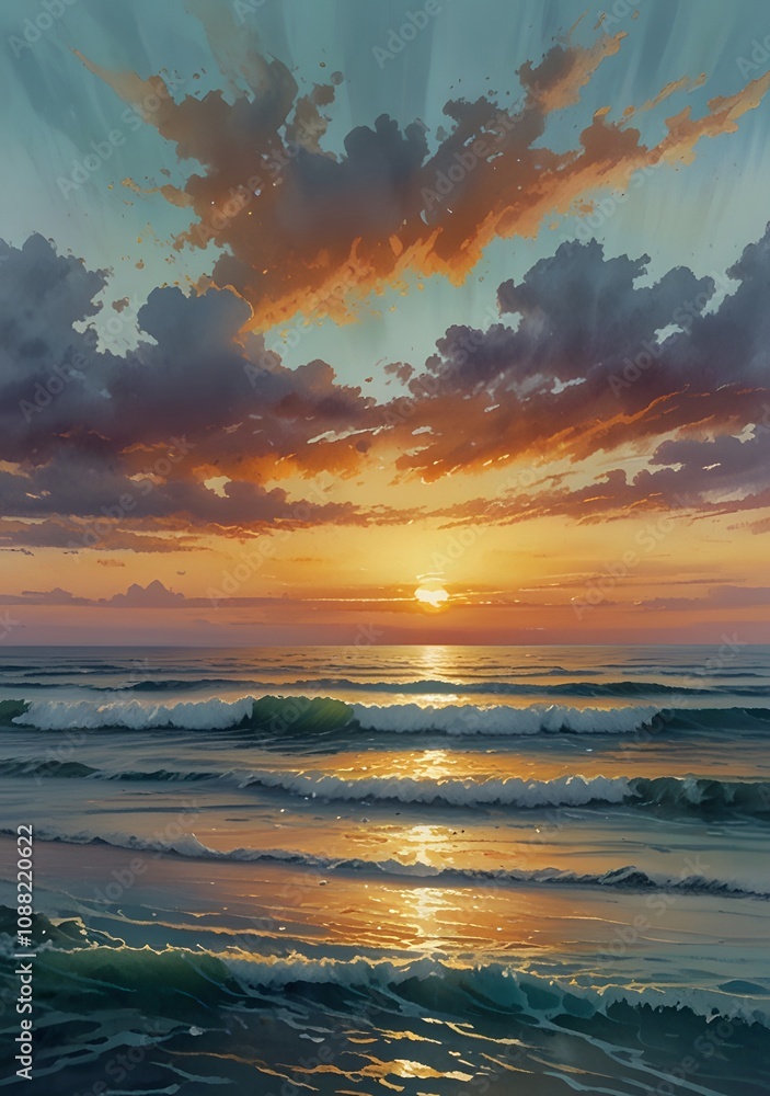 Poster beautiful sunset over the sea. 3d rendering. computer digital drawing generated by ai