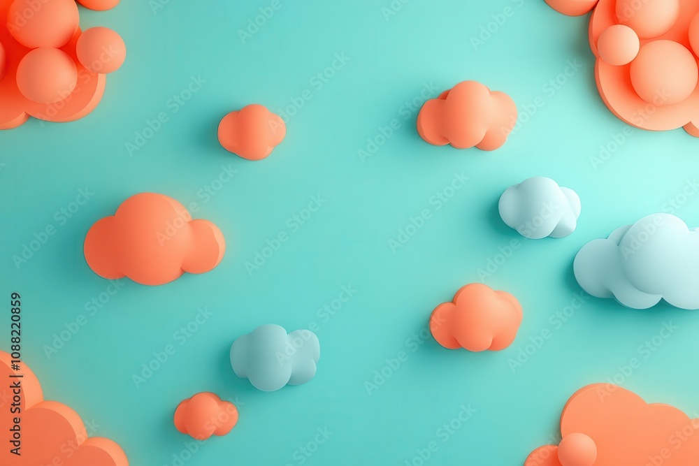 Poster a vibrant arrangement of colorful foam clouds on a soft blue background, creating a whimsical and pl