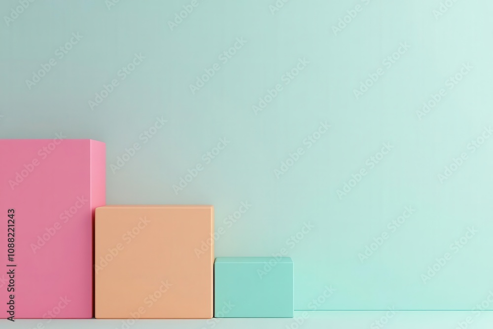 Poster a minimalist composition of stacked pastel-colored cubes against a soft teal background, creating a 