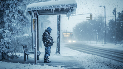 Fototapeta premium Man Waiting at Snow-Covered Bus Stop During Harsh Winter Storm. Icy Urban Scene Depicting Extreme Weather and Frozen Environment. Image Made Using Generative AI