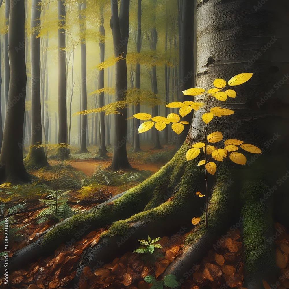 Poster autumn forest with yellow leaves and tree roots. 3d render generated by ai