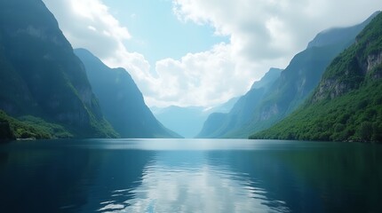 Majestic Fjord Landscape: "A breathtaking fjord with steep cliffs and calm, deep blue waters under a partly cloudy sky, surrounded by lush green forests; dramatic, peaceful, ultra-high resolution."