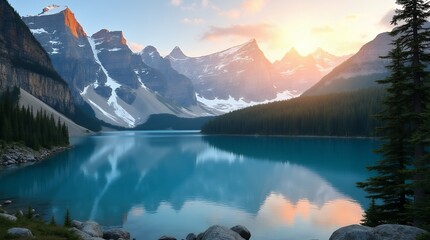Mountain Lake Landscape: "A stunning mountain lake at sunrise, with clear blue water reflecting snow-capped mountains and lush pine trees along the shore; vivid colors, serene atmosphere, ultra-high 