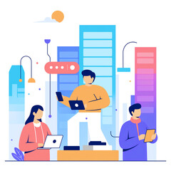 Fototapeta premium Robot concept set. Artificial intelligence and human synergy. Robot for people assistance. AI as a part of people life, future technology concept. Flat vector illustration 
