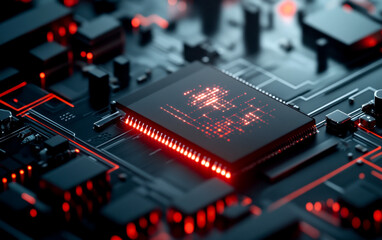 Obraz premium A close-up of a modern microchip on a circuit board, illuminated by red lights, showcasing intricate electronic components and a futuristic design.