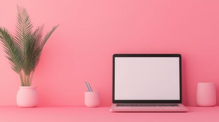 Fototapeta premium A minimalist workspace featuring a laptop, plant, and pink decor on a vibrant pink background.