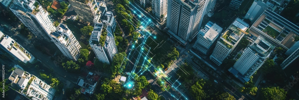 Poster densely populated cityscape with modern buildings interconnected by a cutting-edge ai network, enhan