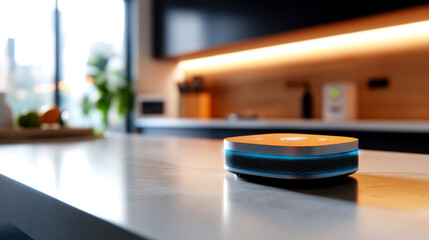 A smart speaker sits on a modern kitchen countertop, blending technology with contemporary design, illuminated by warm lighting.