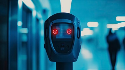 Futuristic robot with glowing eyes in a modern environment