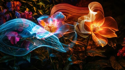 Luminous flowers with vibrant, flowing light trails in a dark garden.