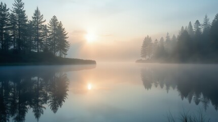 Fototapeta premium Serene Lake with Mist and Pines: 