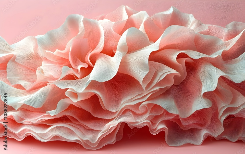 Poster close-up of delicate coral-colored textured ruffles creating a soft and inviting atmosphere, ideal f