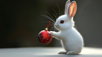 Adorable bunny holding a red christmas ornament in soft lighting