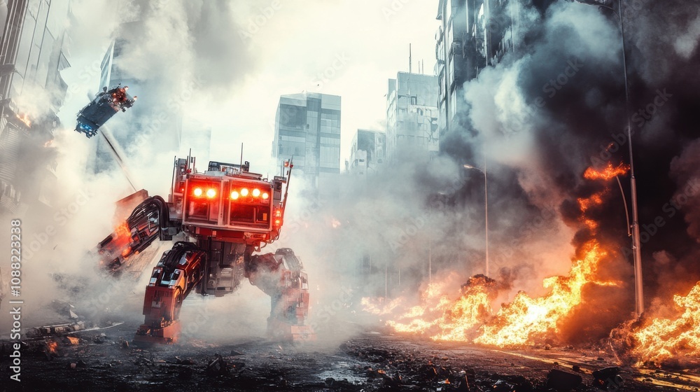 Aufkleber A robotic firefighter battling a blaze in an urban environment, intense and chaotic setting with smoke and flames, Emergency Response Robotics style