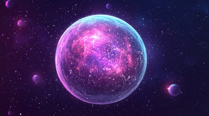 Fototapeta premium Ethereal Cosmic Sphere Surrounded by Colorful Nebula and Planets in Deep Space, Capturing the Vast Beauty of the Universe in Vibrant Hues of Pink and Blue