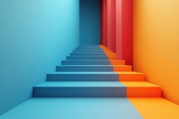 Fototapeta premium A vibrant staircase featuring blue and orange hues, leading toward a colorful wall, creating a modern and artistic ambiance.