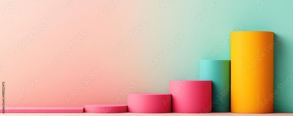 Poster a colorful arrangement of cylindrical shapes in varying heights against a soft gradient background, 