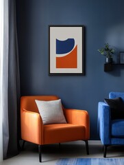 Modern living room features orange armchair and blue sofa