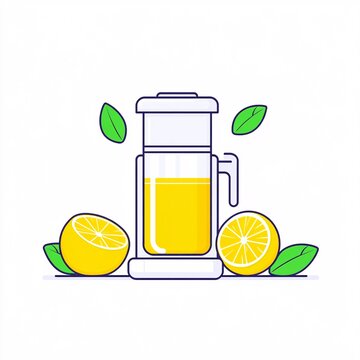 recommend clip art: 2408_096.A simple vector icon illustration depicting a medium-sized plastic juicer, viewed from the side, freshly squeezed lemon juice inside, strong outline, at center for a website isolated white