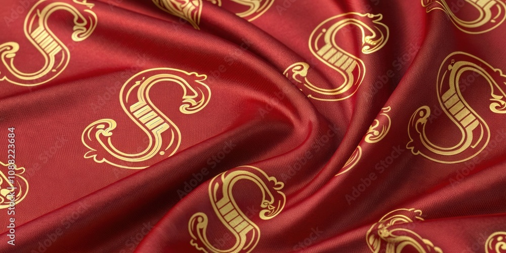 Poster patterned parade several golden ss arranged in a repeating pattern across the red silk each design m