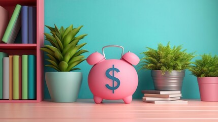 A colorful scene featuring a pink piggy bank with a dollar sign, surrounded by plants and books on a wooden surface against a teal wall.