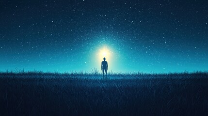 A lone figure standing in a vast, starry night sky, surrounded by gentle grass, illuminated by a mysterious blue light, evoking feelings of wonder and exploration.