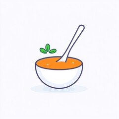 2408_047.A simple vector icon illustration depicting a medium-sized stainless steel ladle, viewed from the side, pumpkin soup inside, strong outline, at center for a website isolated white background