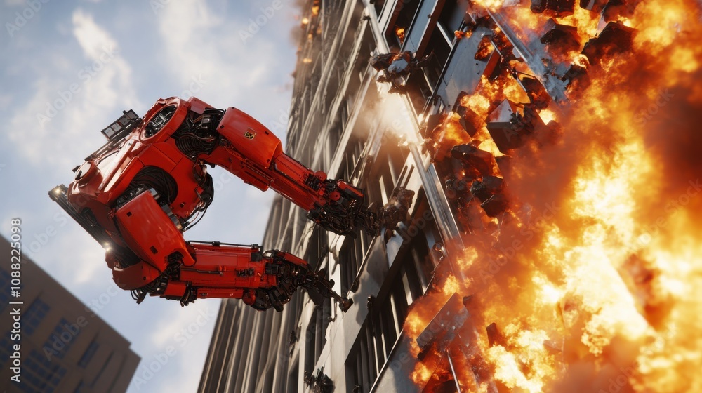 Poster a robotic firefighter rescuing civilians from a burning skyscraper, intense and heroic setting with 