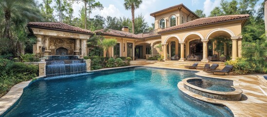 A luxurious swimming pool with a waterfall feature and a spa area in the backyard of a large mansion.