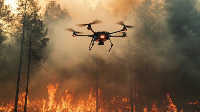 A robotic firefighter using advanced drones to extinguish wildfires in a remote forest, emergency and environmental setting with dense forest and firefighting drones