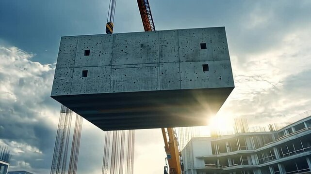 Concrete Block Lifting: Construction site, crane lifting a large concrete block against a partly cloudy sky. The sun shines brightly behind the block. 