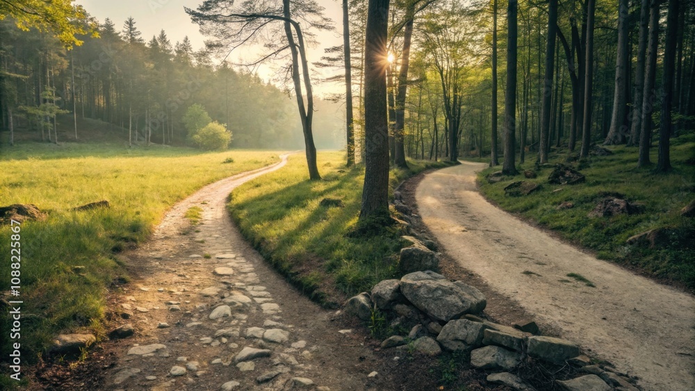 Aufkleber two paths a split path in a forest one path leading to a rocky area and the other to a sunny meadow 