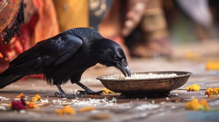 Naklejka premium A raven feeding on rice from a decorative bowl, surrounded by colorful flowers.