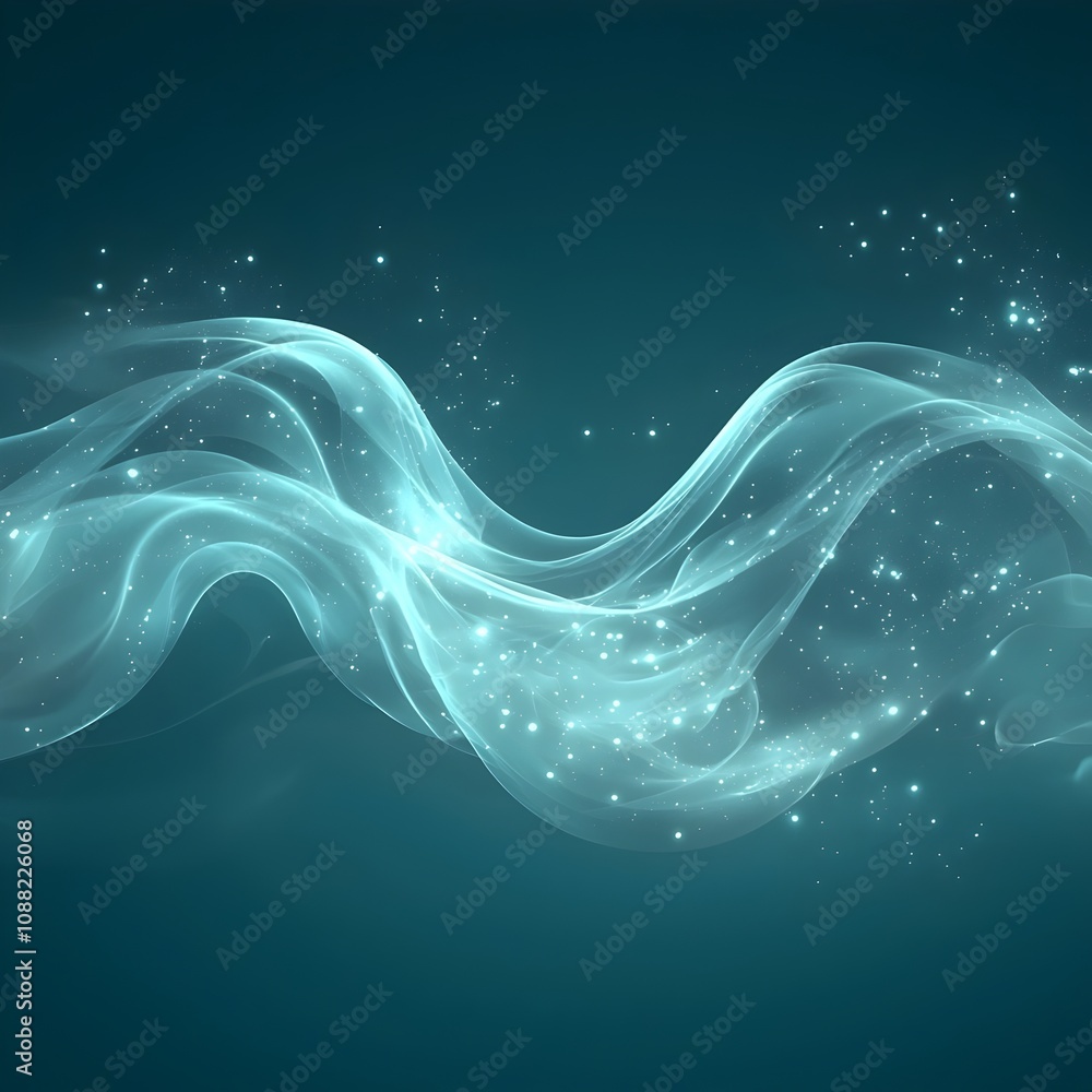 Poster a mesmerizing wave of light and ethereal energy, with soft curves and sparkling highlights, creating