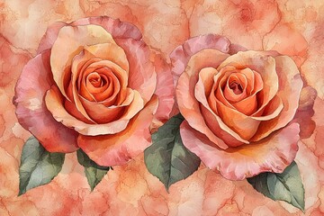 A pair of beautifully rendered pink and peach roses against a soft, abstract background, evoking a romantic and serene mood with delicate petals and lush green leaves.