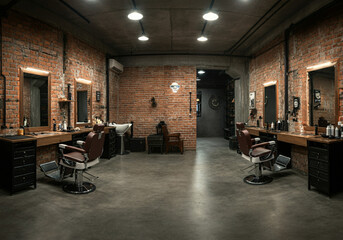 interior of barbershop, industrial concept with red brick on the walls