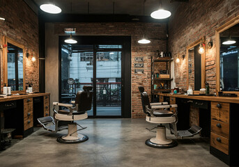 interior of barbershop, industrial concept with red brick on the walls
