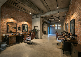 interior of barbershop, industrial concept with red brick on the walls