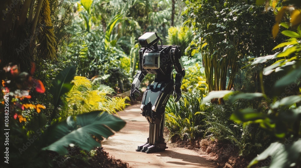 Poster a robotic gardener pruning plants in a botanical garden, lush and colorful setting with diverse plan